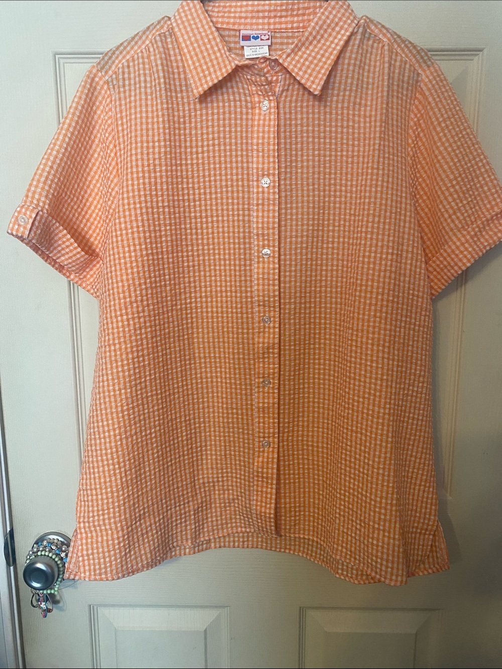 Short-Sleeve Orange Check Button-Up Shirt - Unbranded